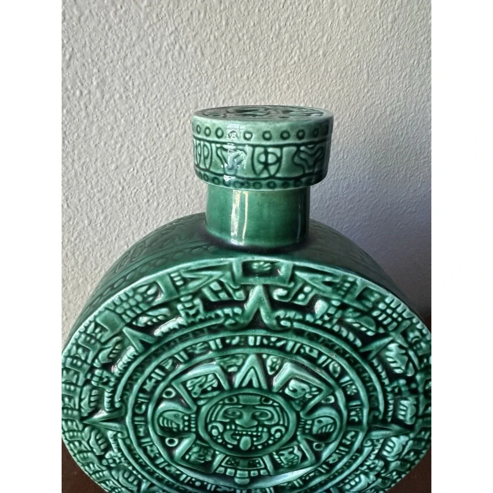 Vintage Aztec Sun Stone Turquoise Ceramic Decanter Set w/ 6 Cups